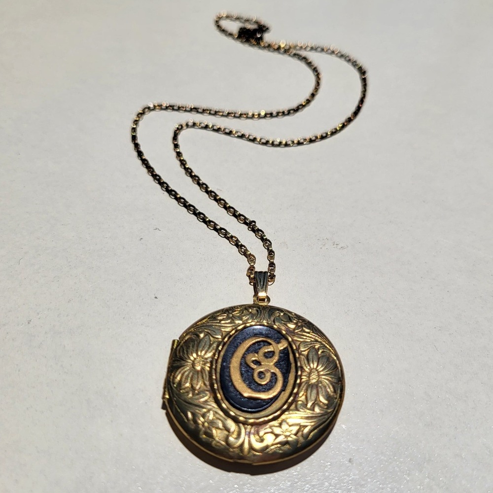 Vintage 14K Gold Filled Metal Locket Necklace Gold Blue Floral Initial G Clover